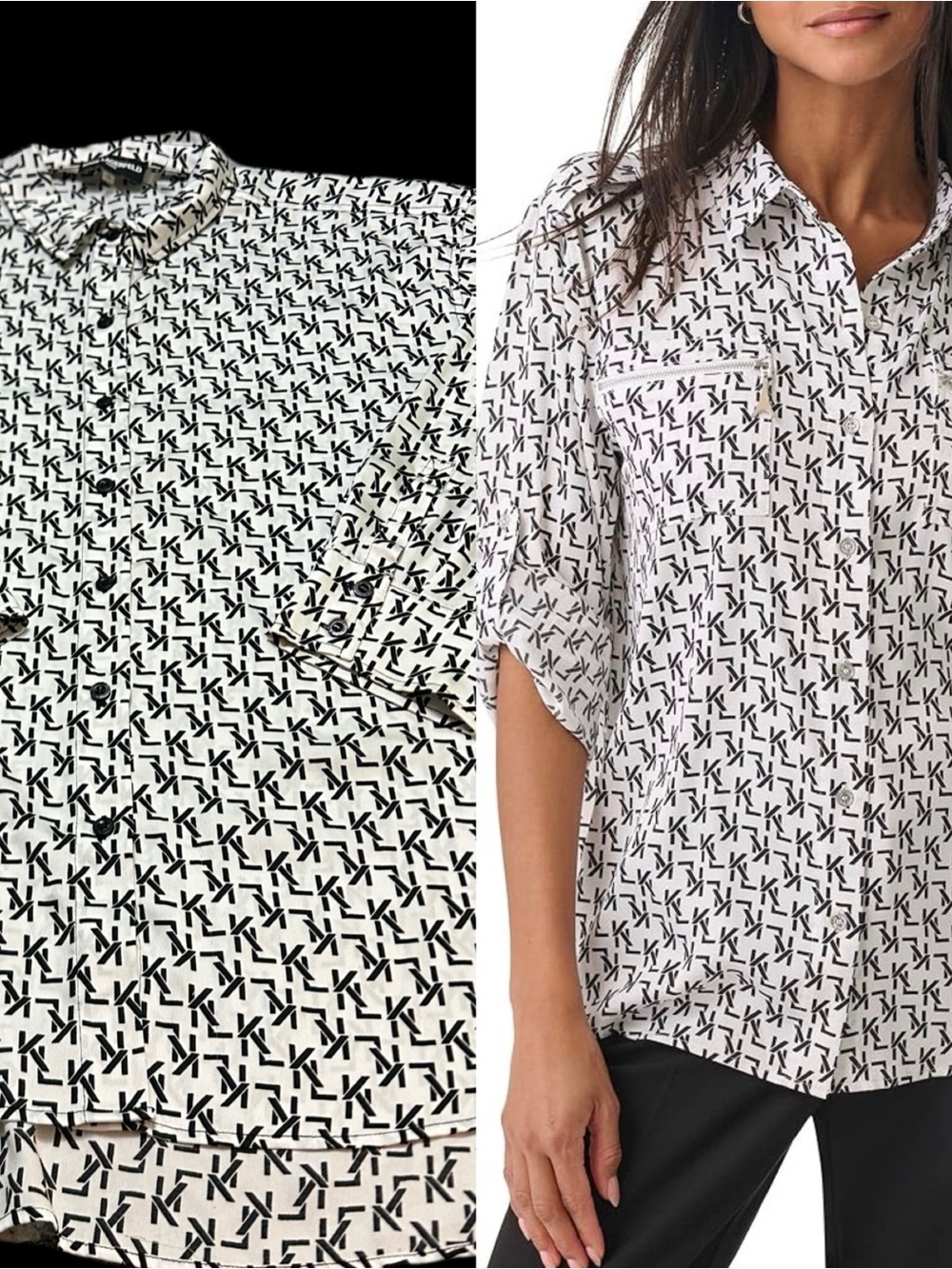 Karl Lagerfeld Black and White Logo-Print Button-Down Shirt xL